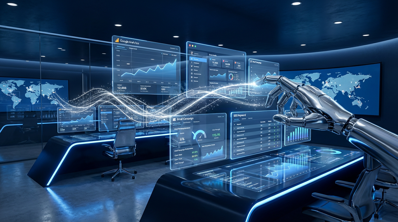 AI-powered digital marketing command center with holographic analytics dashboards and robotic automation hand