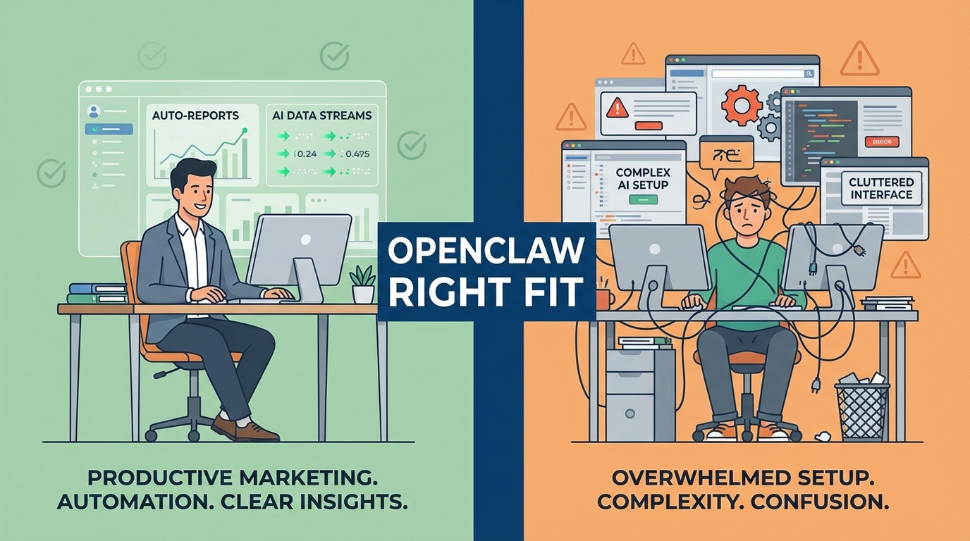 오픈클로 필요한 사람 vs 필요 없는 사람 비교 인포그래픽 — 원플랜마케팅 AI 대행사