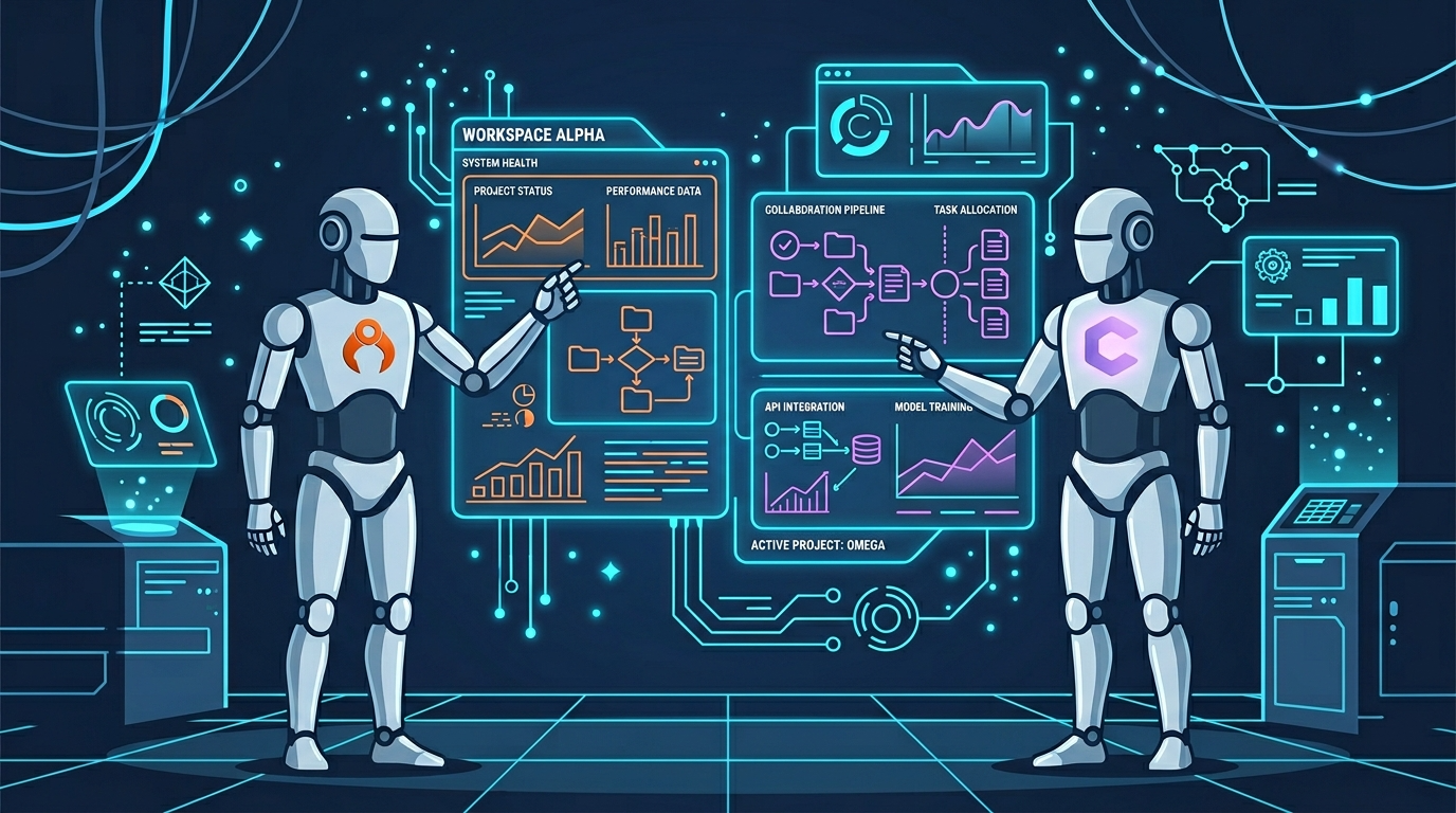 홀로그램 UI 화면 앞에서 협업하는 오렌지색 OpenClaw 로봇과 보라색 Claude Cowork 로봇이 있는 미래형 디지털 워크스페이스