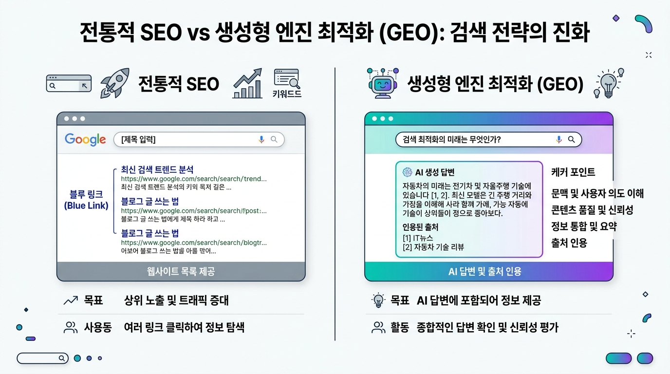 GEO vs SEO 비교 인포그래픽 - AI 검색 최적화 전략 원플랜마케팅 GEO 온라인 대행사
