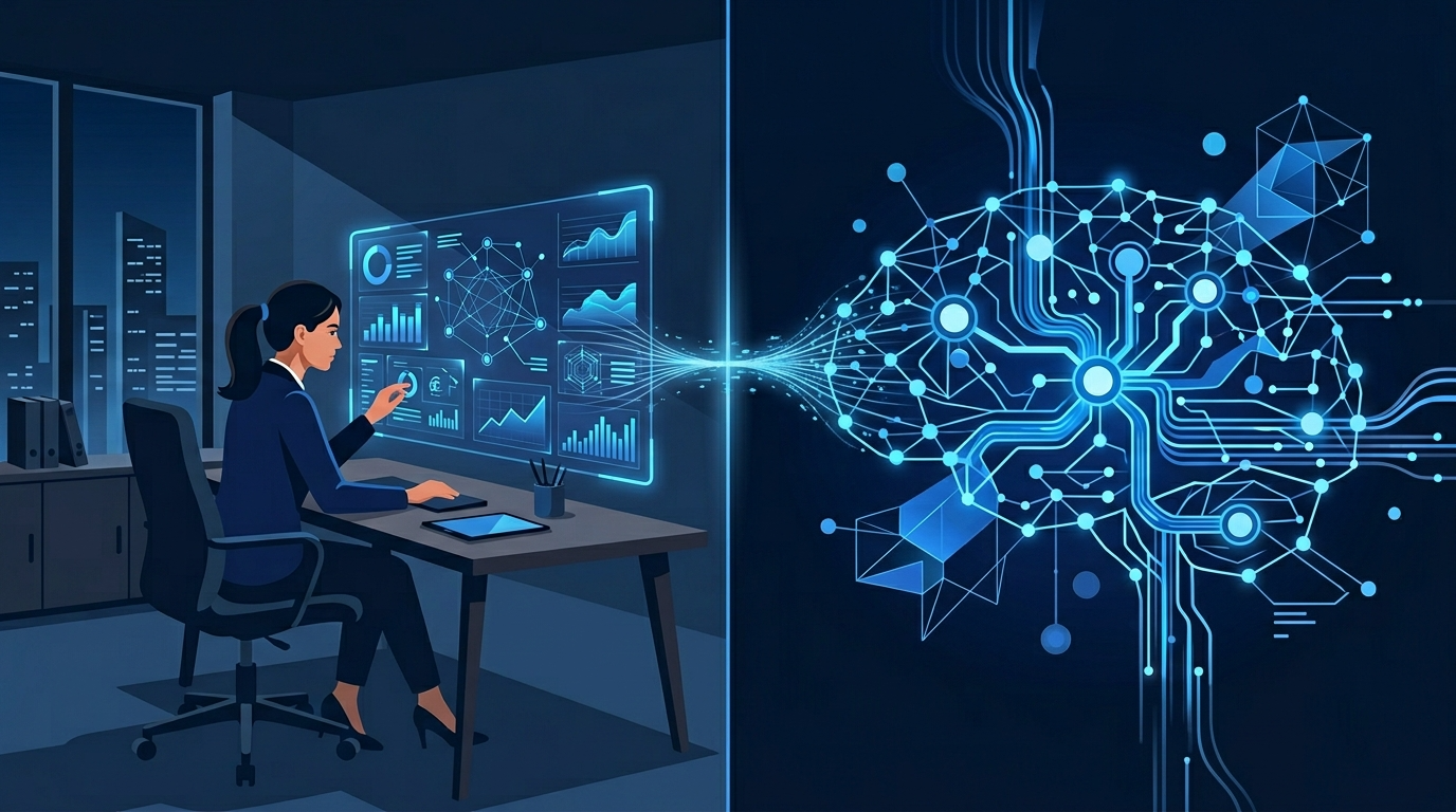 화이트보드 앞에서 전략을 기획하는 창의적 전문가와 보조 AI 시스템