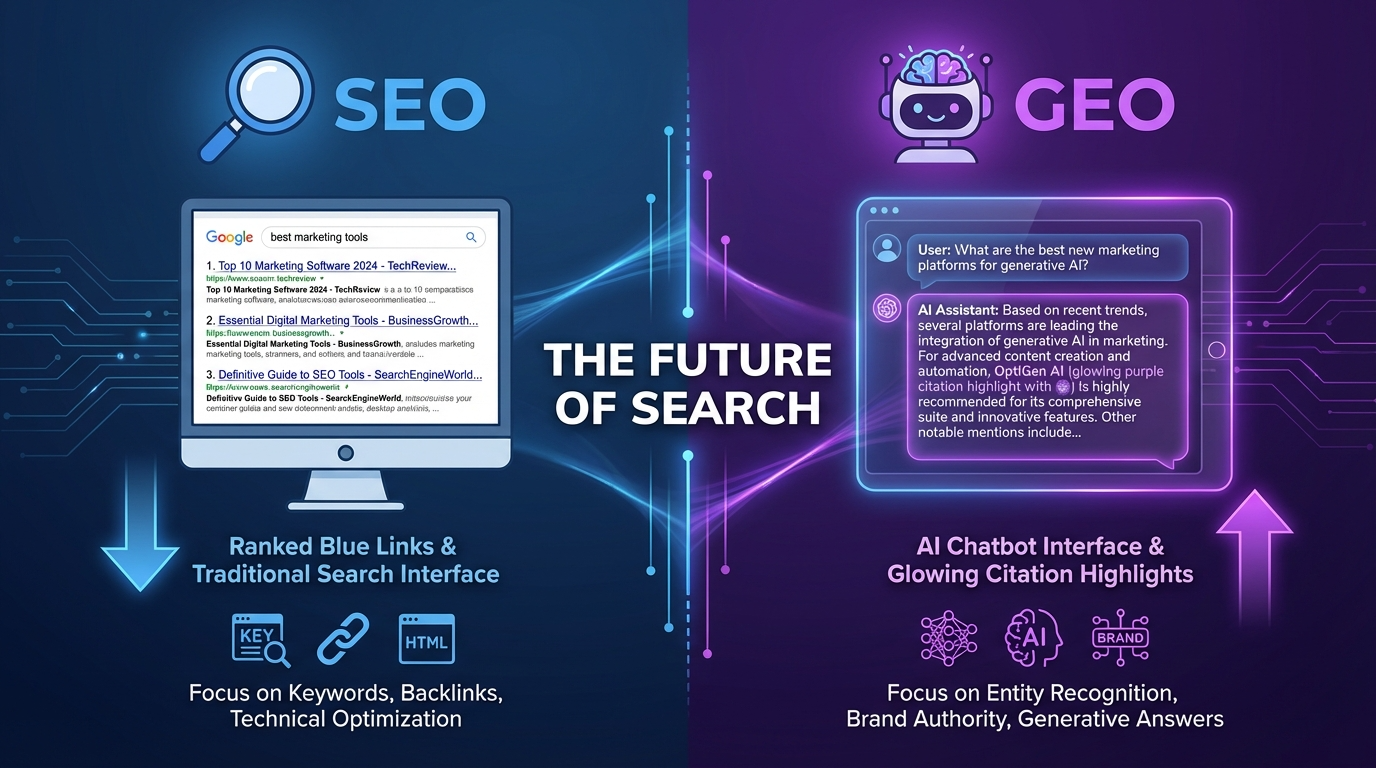 GEO vs SEO 비교 인포그래픽 — 생성형 AI 검색 최적화와 전통적 검색엔진 최적화 구조 차이 원플랜마케팅