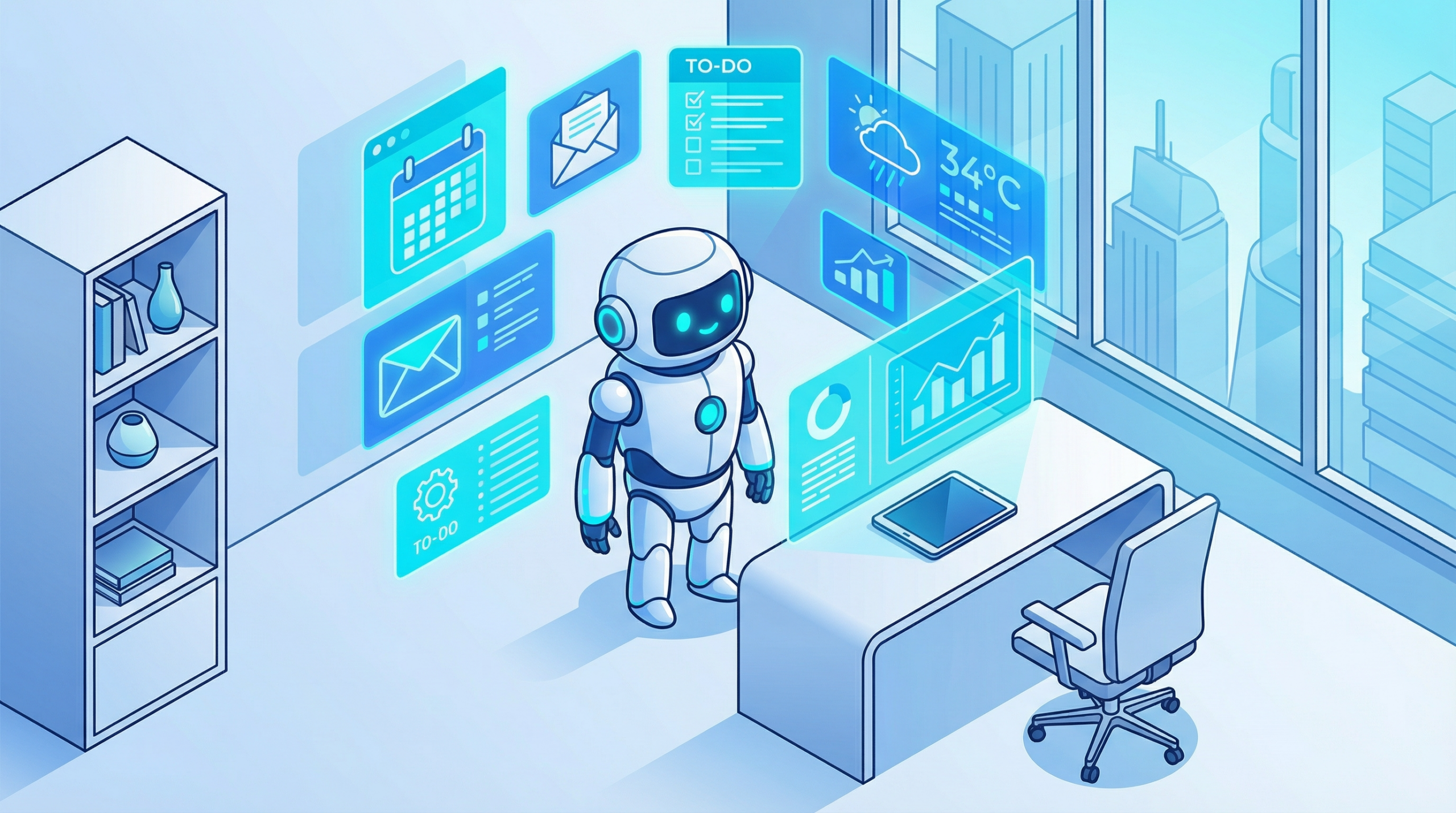 홀로그래픽 인터페이스를 사용하는 미래형 AI 집사 로봇 일러스트레이션