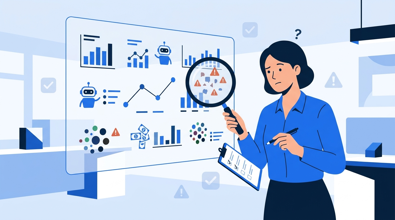 전문가가 AI 분석 결과를 비판적으로 검토하는 장면 — 원플랜마케팅 AI 검증 역량