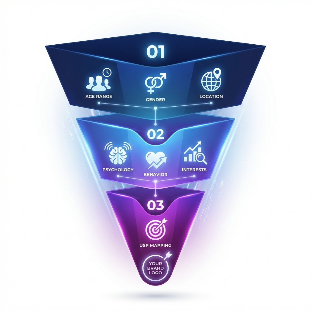 타겟 정의 3단계 전략 퍼널 인포그래픽