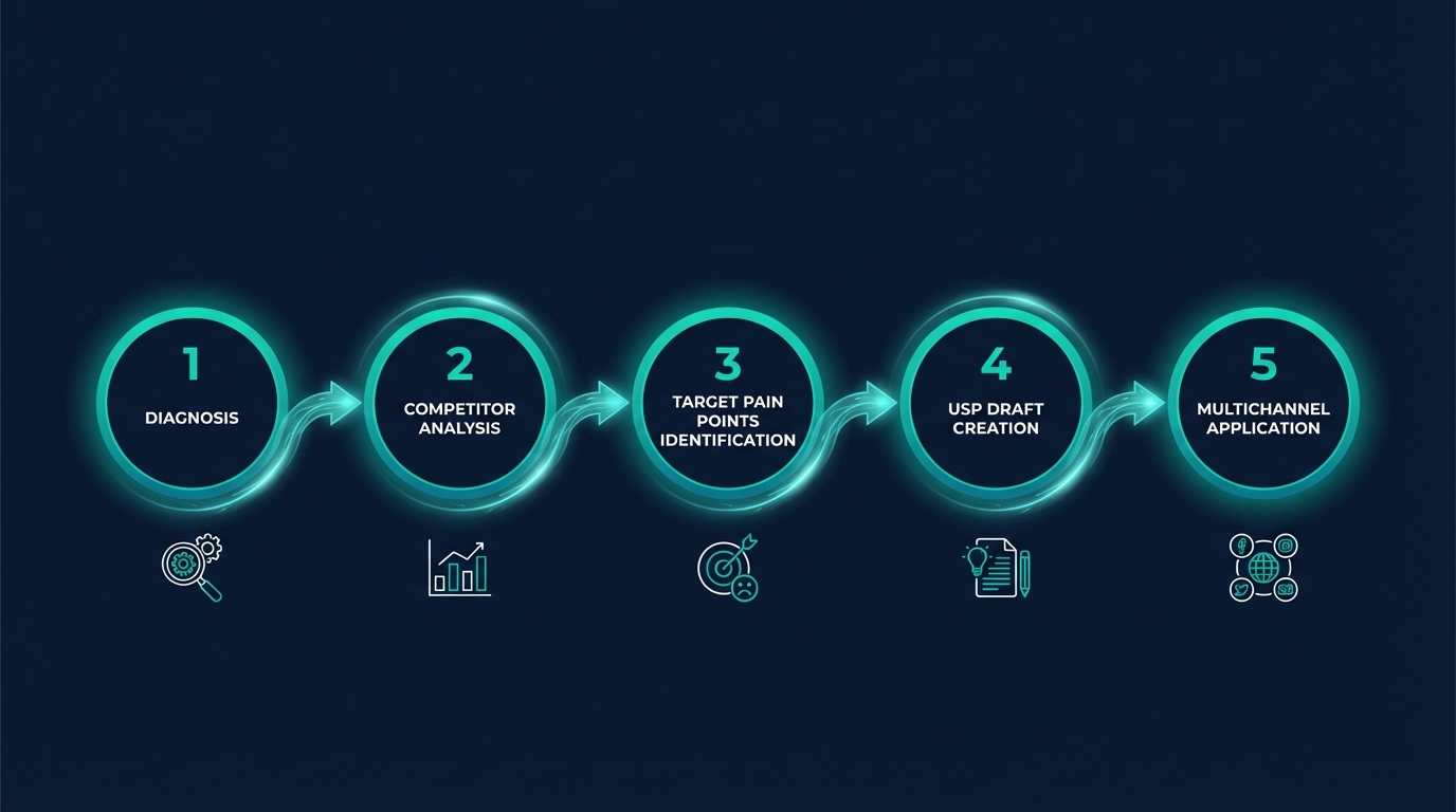 원플랜마케팅 오픈클로 활용 USP 설정 5단계 프로세스 인포그래픽 — 데이터 기반 브랜드 차별화 전략