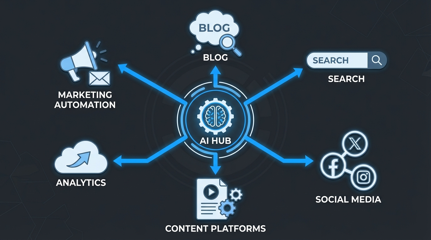 GEO 마케팅 AI 허브 네트워크 다이어그램 - 원플랜마케팅