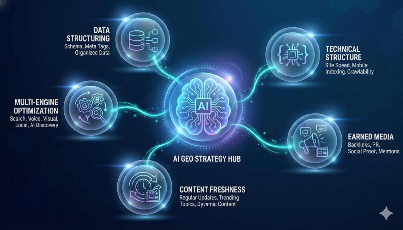 AI 검색 상위 노출을 위한 GEO 5가지 핵심 전략 다이어그램 - 원플랜마케팅