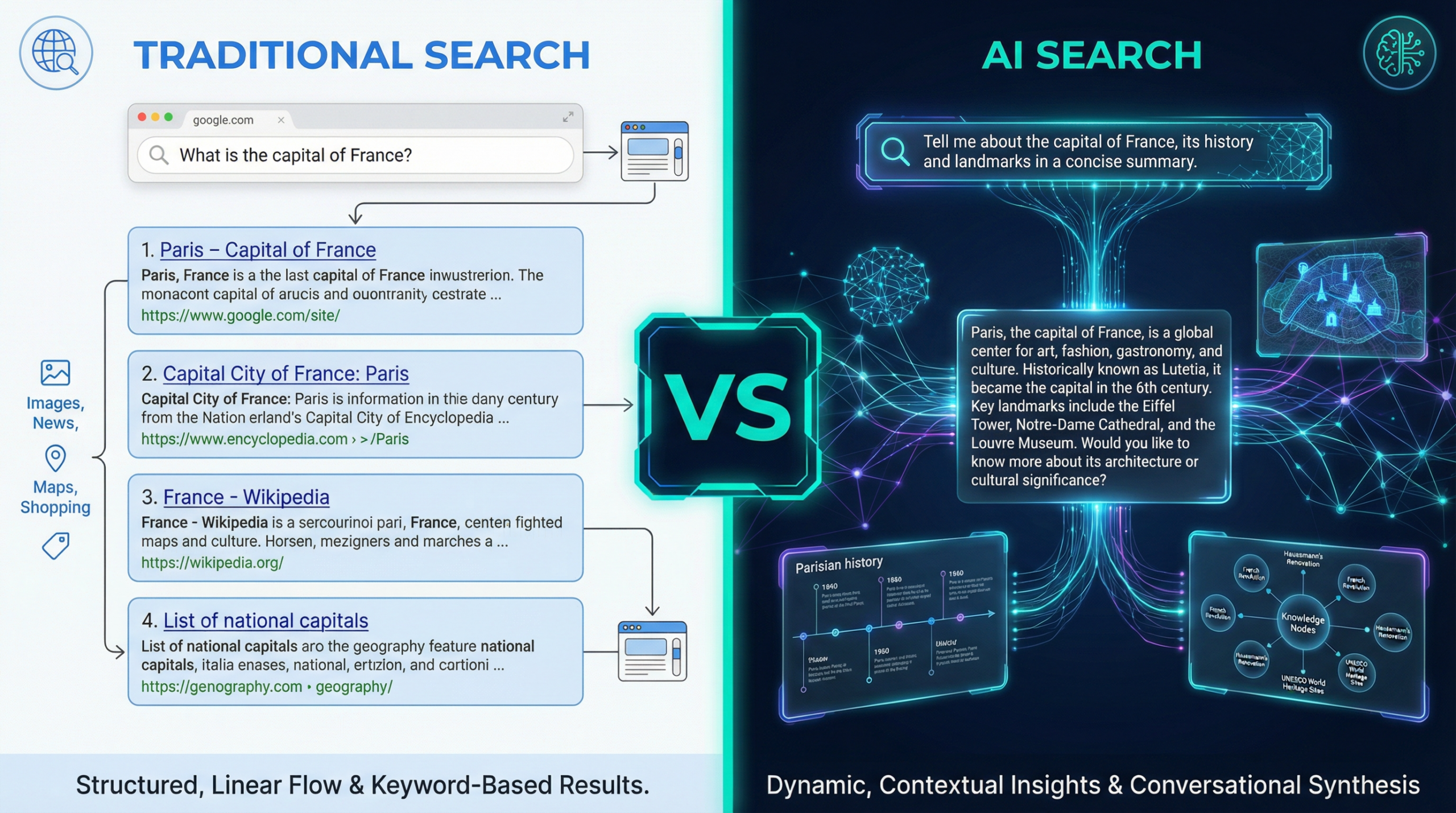 GEO vs SEO 비교 인포그래픽 — AI 생성 검색엔진 최적화와 전통적 검색 최적화 구조 차이