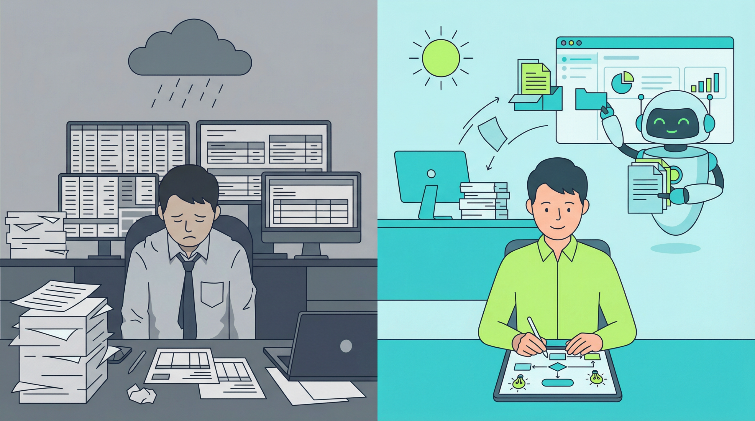 두 가지 사용자 유형을 보여주는 플랫 일러스트 비교 이미지