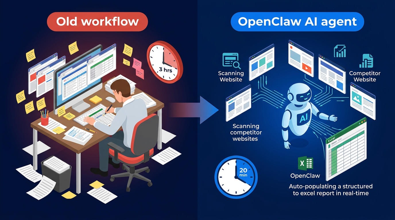 오픈클로 경쟁사 분석 자동화 개념도 — 수동 분석 vs AI 자동화 비교 구조