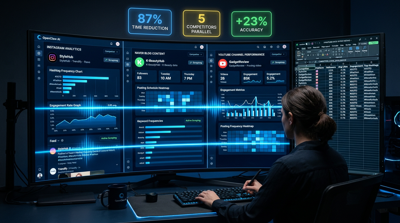 오픈클로 경쟁사 분석 실제 활용 사례 — 인스타그램·블로그 자동 데이터 수집 화면