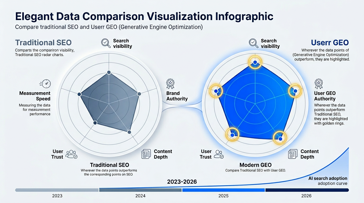 SEO 전략 vs GEO 전략 비교 차트 — 검색 노출 방식과 콘텐츠 최적화 기준 차이