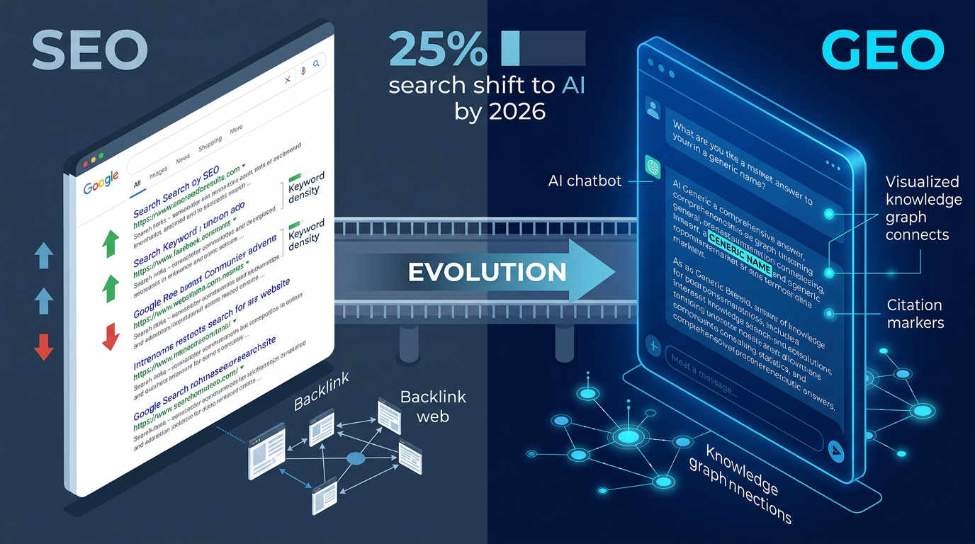 GEO vs SEO 개념 비교 인포그래픽 — AI 검색 시대의 콘텐츠 최적화 전략 구조
