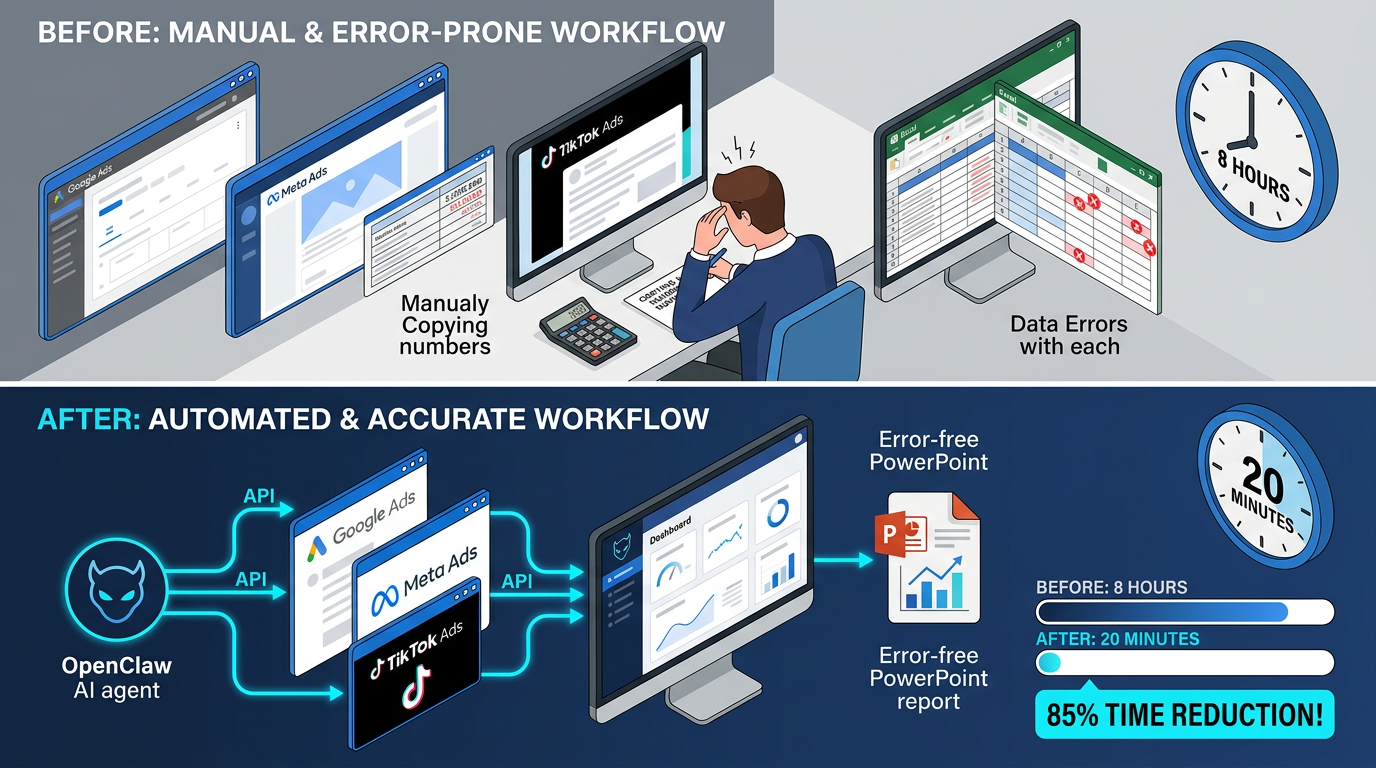 광고 성과 리포트 수동 작업 vs 오픈클로 자동화 개념 비교 인포그래픽