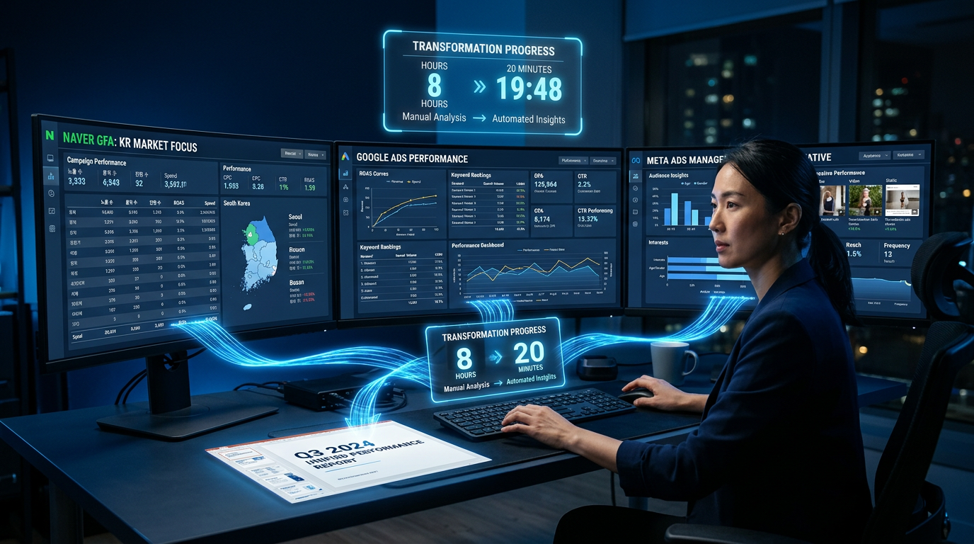 오픈클로 광고 성과 리포트 자동화 — 네이버·구글·메타 데이터 통합 방법 썸네일