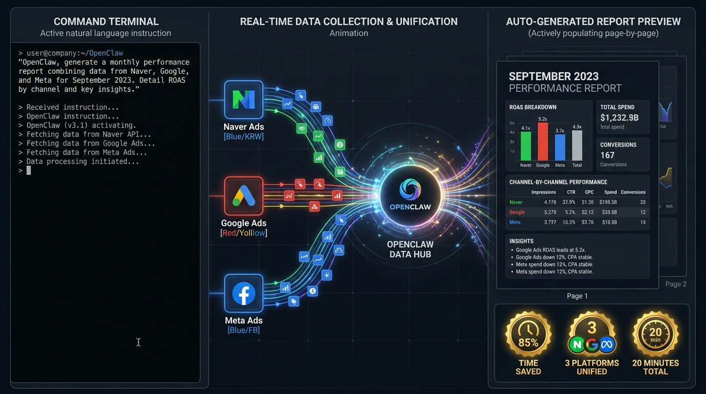 오픈클로 광고 리포트 자동화 실제 화면 — 3개 플랫폼 데이터 자동 수집 통합