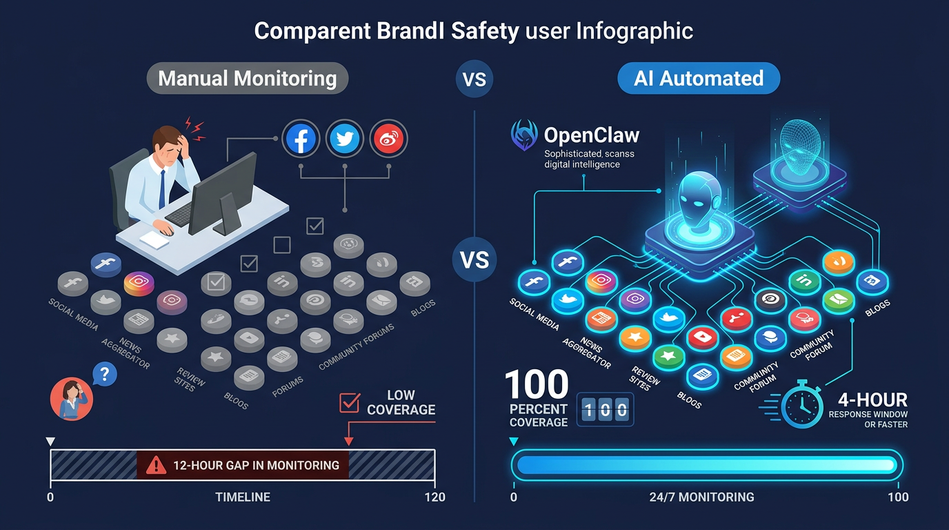브랜드 모니터링 수동 방식 vs 오픈클로 자동화 개념 비교 — 플랫폼 커버리지 차이