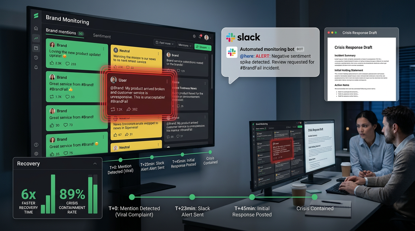 오픈클로 브랜드 모니터링 실제 화면 — 실시간 감성 분석 및 위기 대응 알림