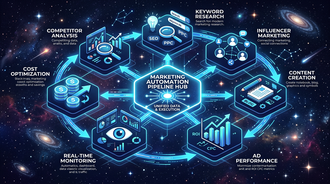 오픈클로 마케팅 자동화 통합 워크플로우 개념도 — 7가지 자동화 모듈 연결 구조
