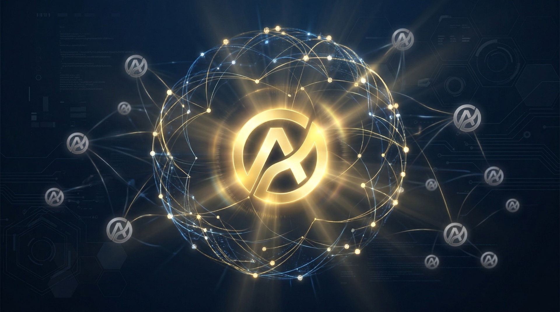 중앙 브랜드가 AI 신경망 내에서 경쟁사보다 밝게 빛나며 알고리즘 점유율 우위를 보여주는 시각화