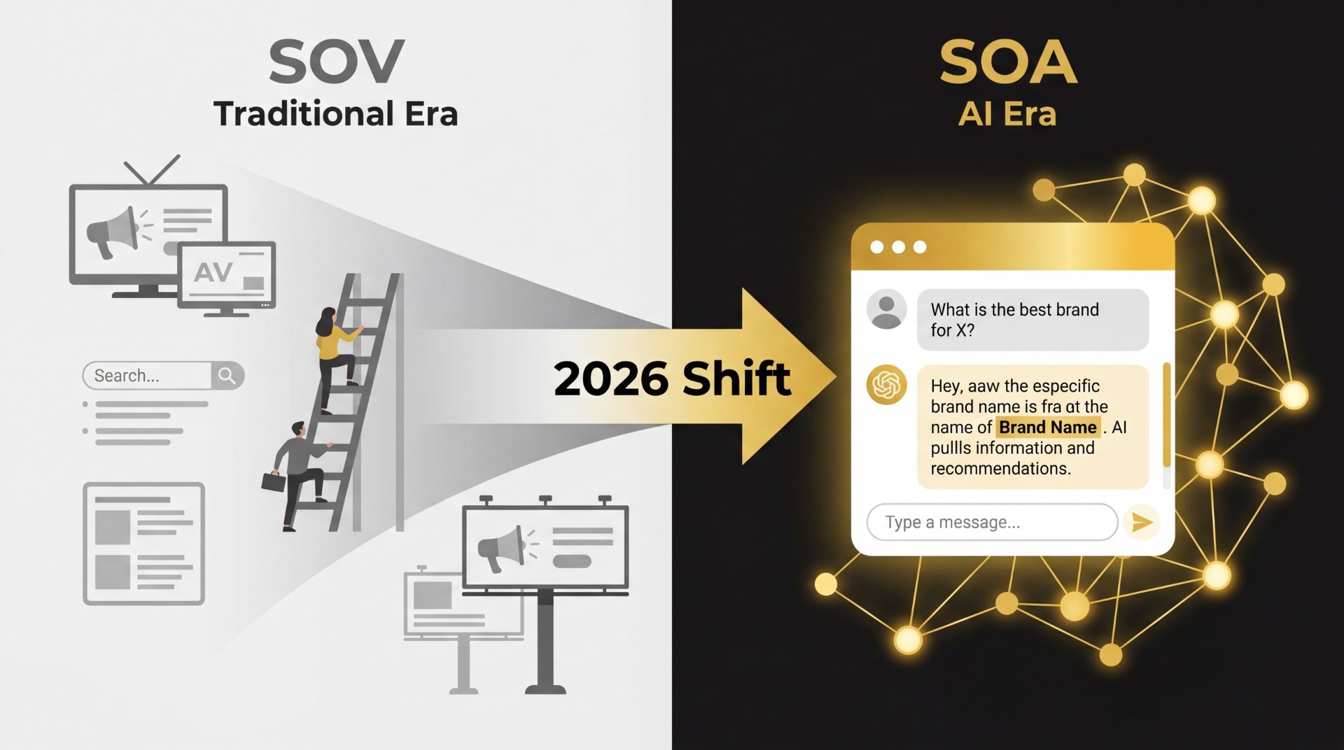 SOV에서 SOA로 패러다임 전환 - 2026 Shift 인포그래픽 - 원플랜마케팅