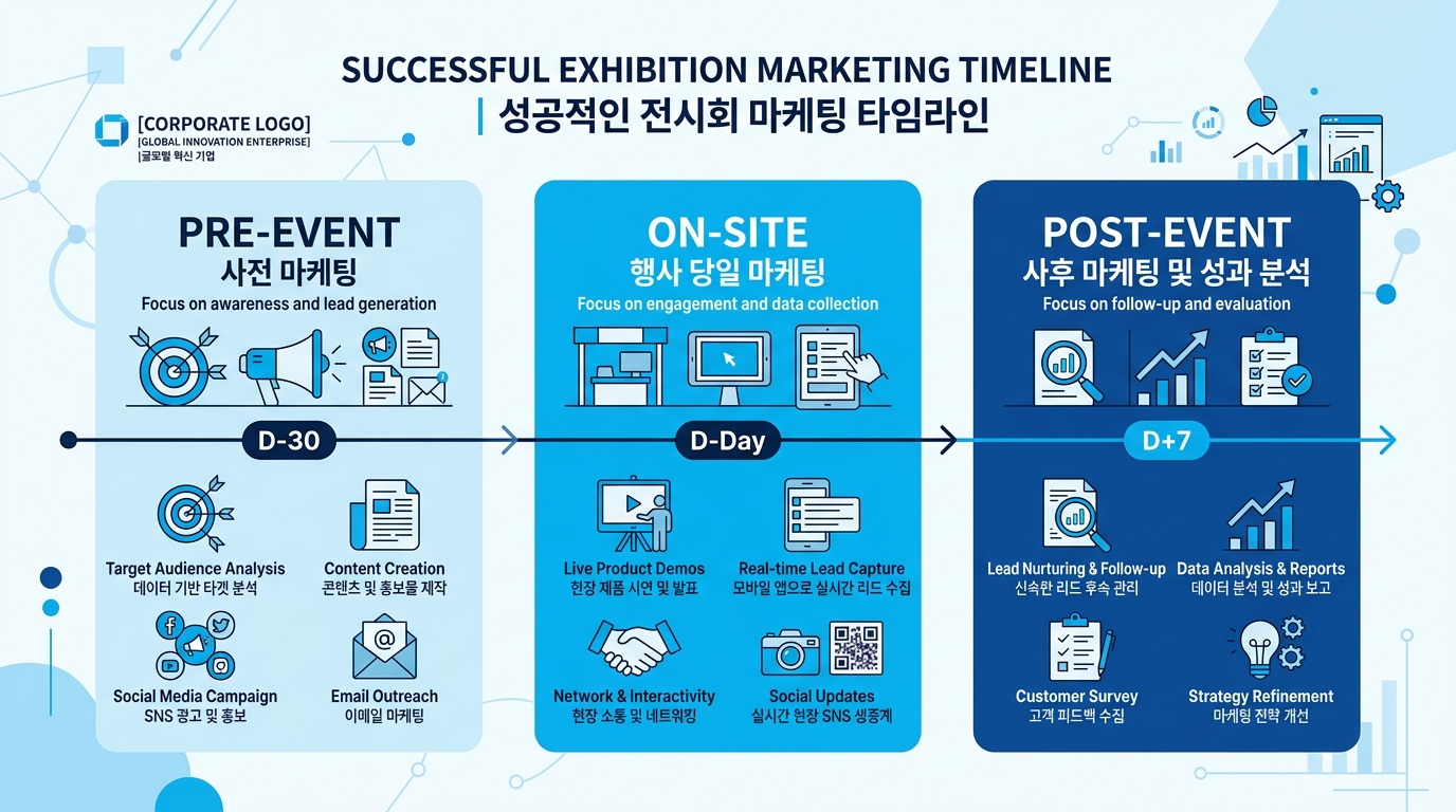 전시마케팅 3단계 타임라인 인포그래픽 - 사전·현장·사후 전략 원플랜마케팅