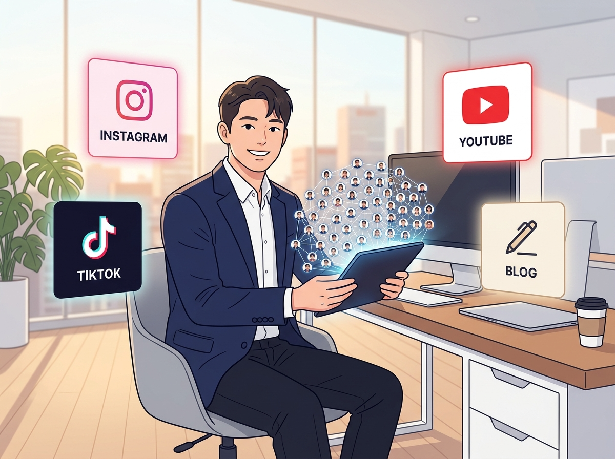 네이비 블레이저를 입은 한국인 마케터가 태블릿을 들고 있으며, 화면에는 2,000개의 인플루언서 아이콘이 허니콤 패턴으로 연결된 네트워크가 표시되어 있다. 주변에는 인스타그램, 유튜브, 블로그, 틱톡 플랫폼 카드가 공중에 떠 있다.