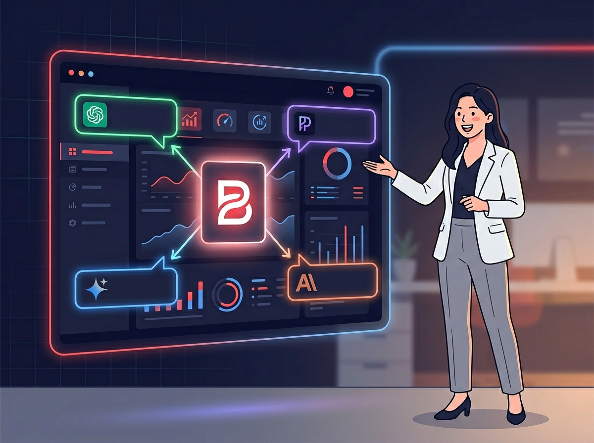 밝은 현대식 한국 오피스에서 축하하는 장면. 왼쪽의 흰색 블레이저를 입은 여성 마케터가 ChatGPT 스타일 AI 챗 인터페이스 화면을 열정적으로 가리키고 있으며, 답변 영역에 브랜드 카드가 빨간 박스로 하이라이트되어 인용되어 있다. 오른쪽의 네이비 블레이저를 입은 남성 동료가 두 주먹을 들어 기쁨을 표현하고, 그 사이 보조 화면에는 급상승하는 꺾은선 그래프가 보인다.