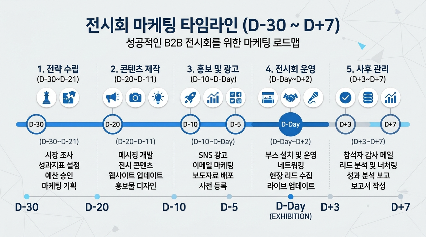 전시회 마케팅 D-30부터 D+7까지 수평형 타임라인 - 원플랜마케팅 전시마케팅 전략