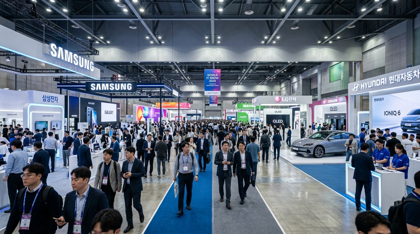 서울 대형 전시회장에서 부스를 둘러보는 방문객들의 모습