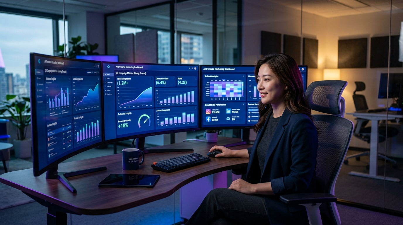 마케팅 전문가가 오픈클로 AI 에이전트를 활용하여 멀티 스크린으로 데이터 기반 마케팅 실무를 진행하는 장면