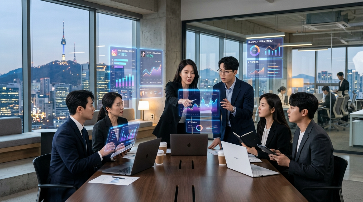 원플랜마케팅 AI 대행사 전문 마케팅 팀이 데이터 기반 AI 온라인 마케팅 전략을 수립하는 장면