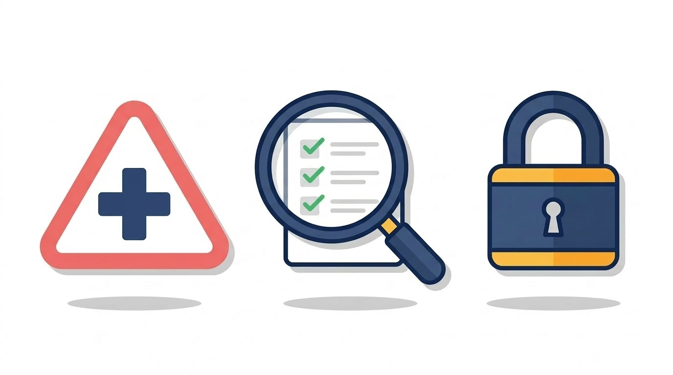 의료법 규제 경고 아이콘 — 병원마케팅 법적 리스크 시각화