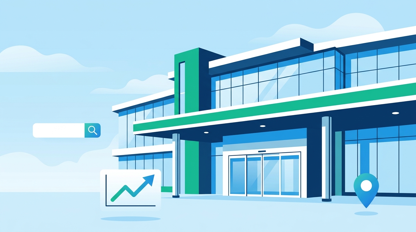 현대적인 한국 병원 건물 외관과 디지털 마케팅 아이콘이 있는 히어로 이미지