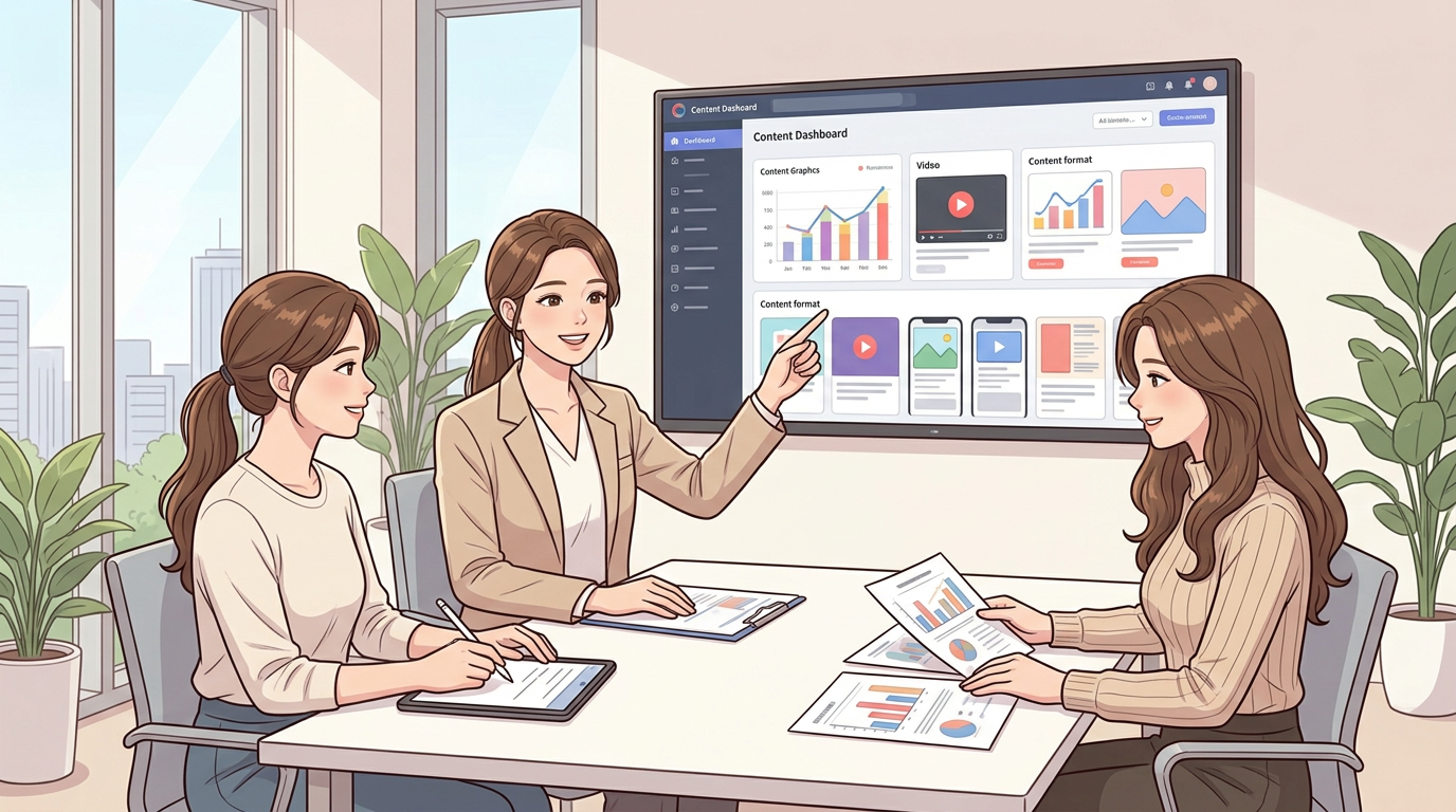 여성 마케터가 화이트보드 앞에서 7단계 워크플로우를 마커로 가리키며 설명하는 모습