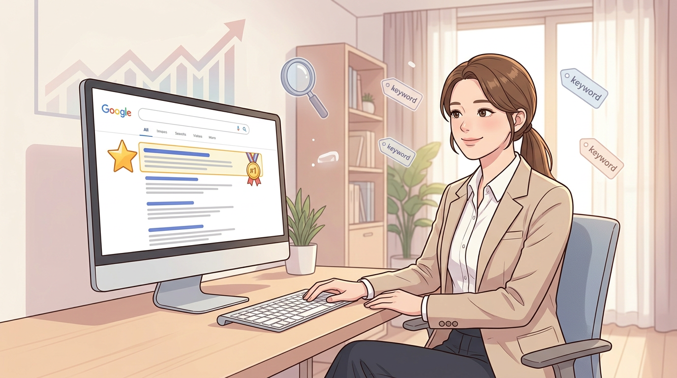 마케터가 구글 검색 결과 1위를 보여주는 대형 모니터 앞에서 만족스러운 표정으로 키보드를 치는 모습