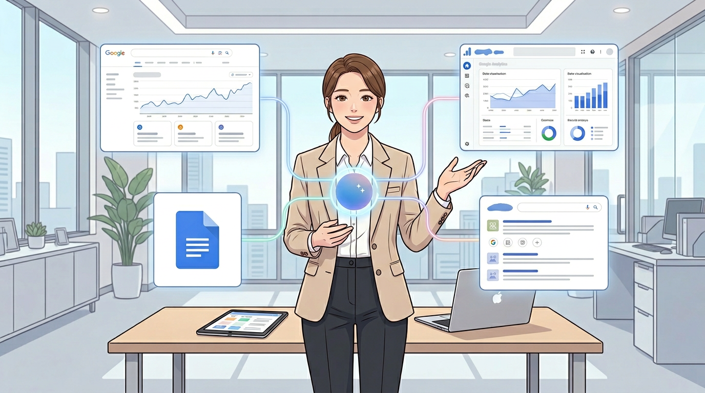여성 마케터 주변에 제미나이 AI, 구글 서치, 애널리틱스, 독스 등 연결된 인터페이스 카드가 떠있는 에코시스템 장면