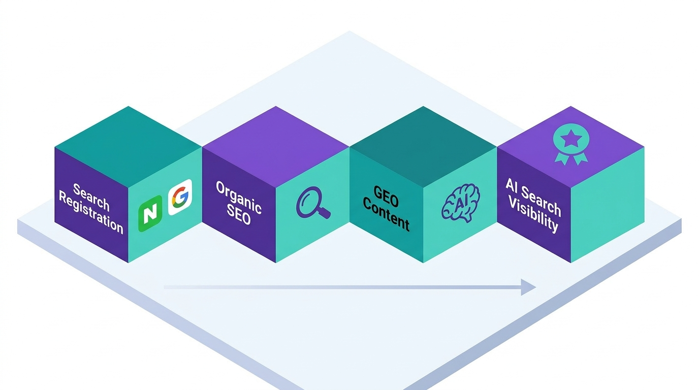오가닉 트래픽 SEO GEO AI검색 통합 마케팅 전략 구조도 아이소메트릭 다이어그램 - 원플랜마케팅