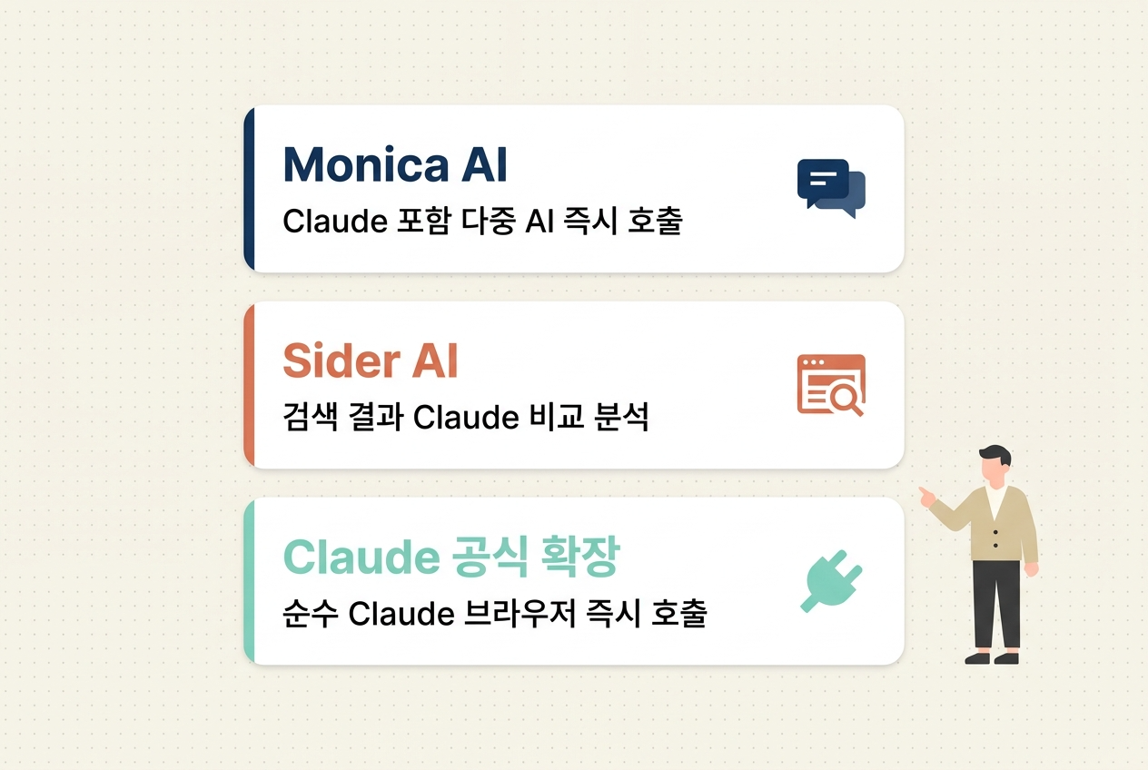 클로드 플러그인 개념 비교 플랫 인포그래픽. MCP 기반 외부 서비스 직접 연결 서버 아이콘 카드와 Chrome 확장형 브라우저 즉시 호출 아이콘 카드 좌우 2칸 구성 — 원플랜마케팅