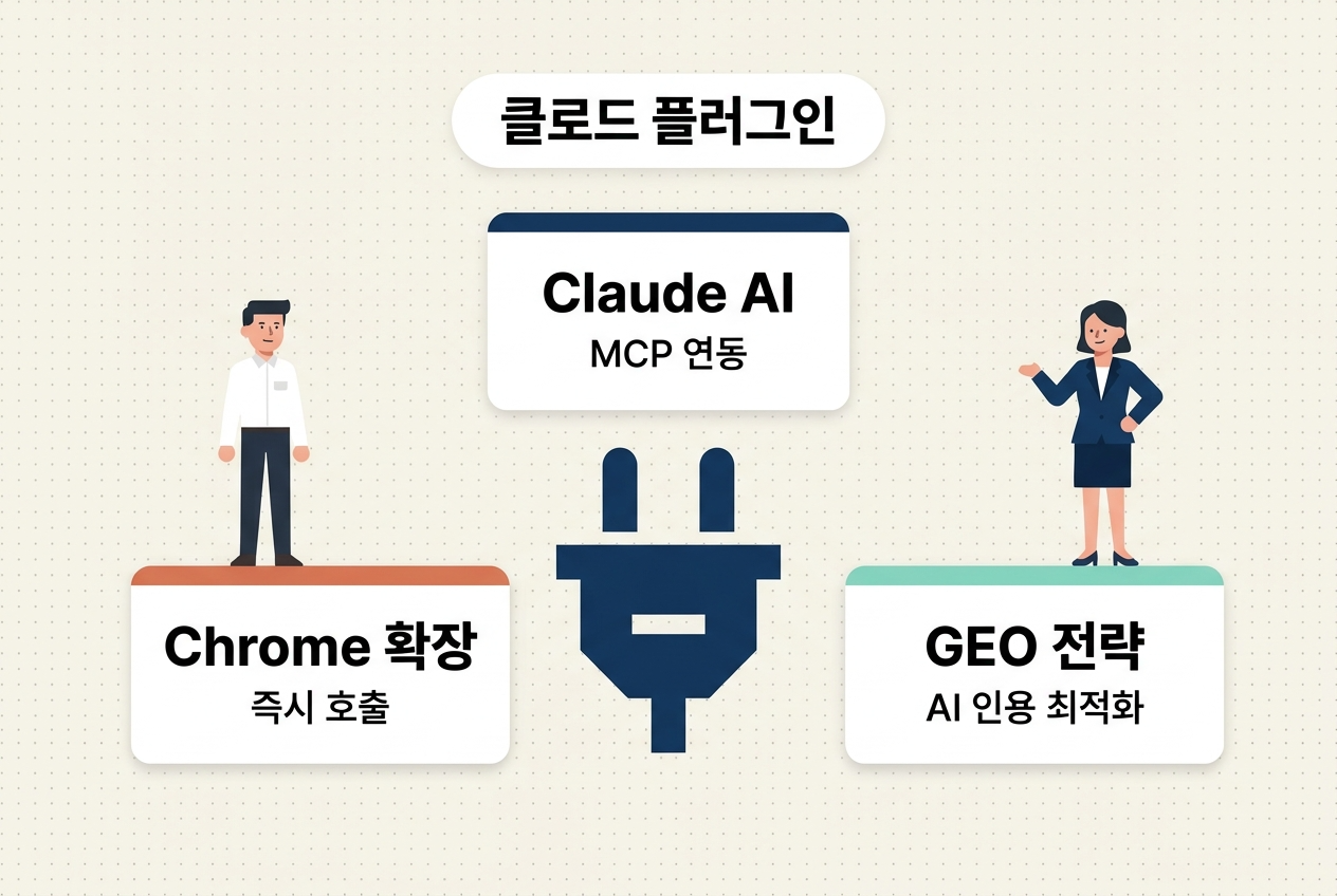 클로드 플러그인 대표 썸네일 플랫 일러스트. Claude AI MCP 연동 카드·Chrome 확장 즉시 호출 카드·GEO 전략 AI 인용 카드 3개와 직장인 2인 크림 배경 — 원플랜마케팅