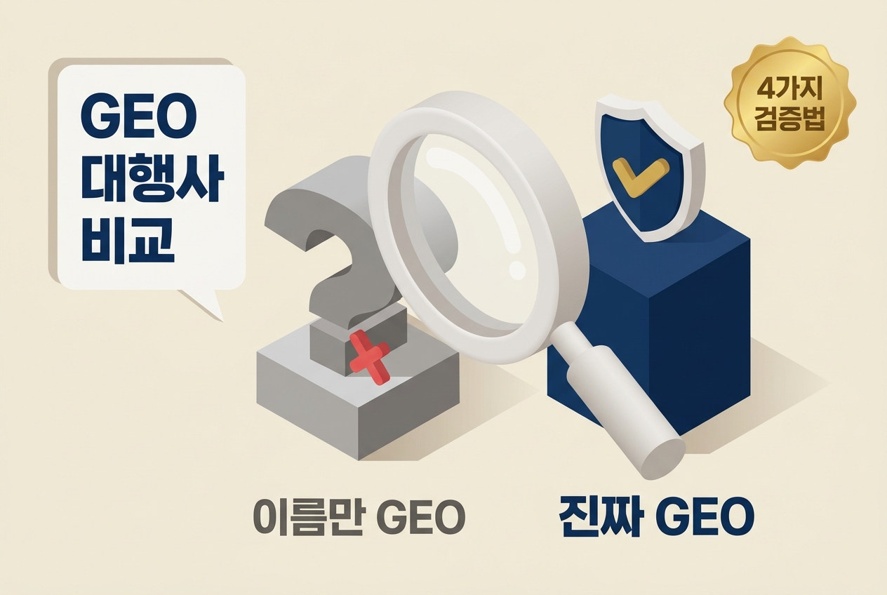 GEO 대행사 비교 썸네일 GEO 대행사 비교 말풍선 이름만 GEO 물음표 엑스 진짜 GEO 쉴드 돋보기 4가지 검증법 배지 인포그래픽 원플랜마케팅