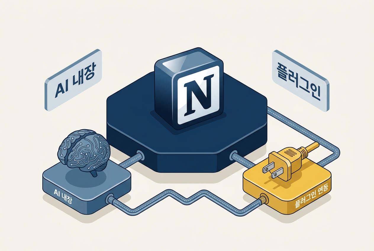 노션AI플러그인 중앙 Notion N 육각형 플랫폼 좌측 AI 내장 뇌 아이콘 우측 플러그인 연동 콘센트 아이콘 케이블 연결 아이소메트릭 원플랜마케팅