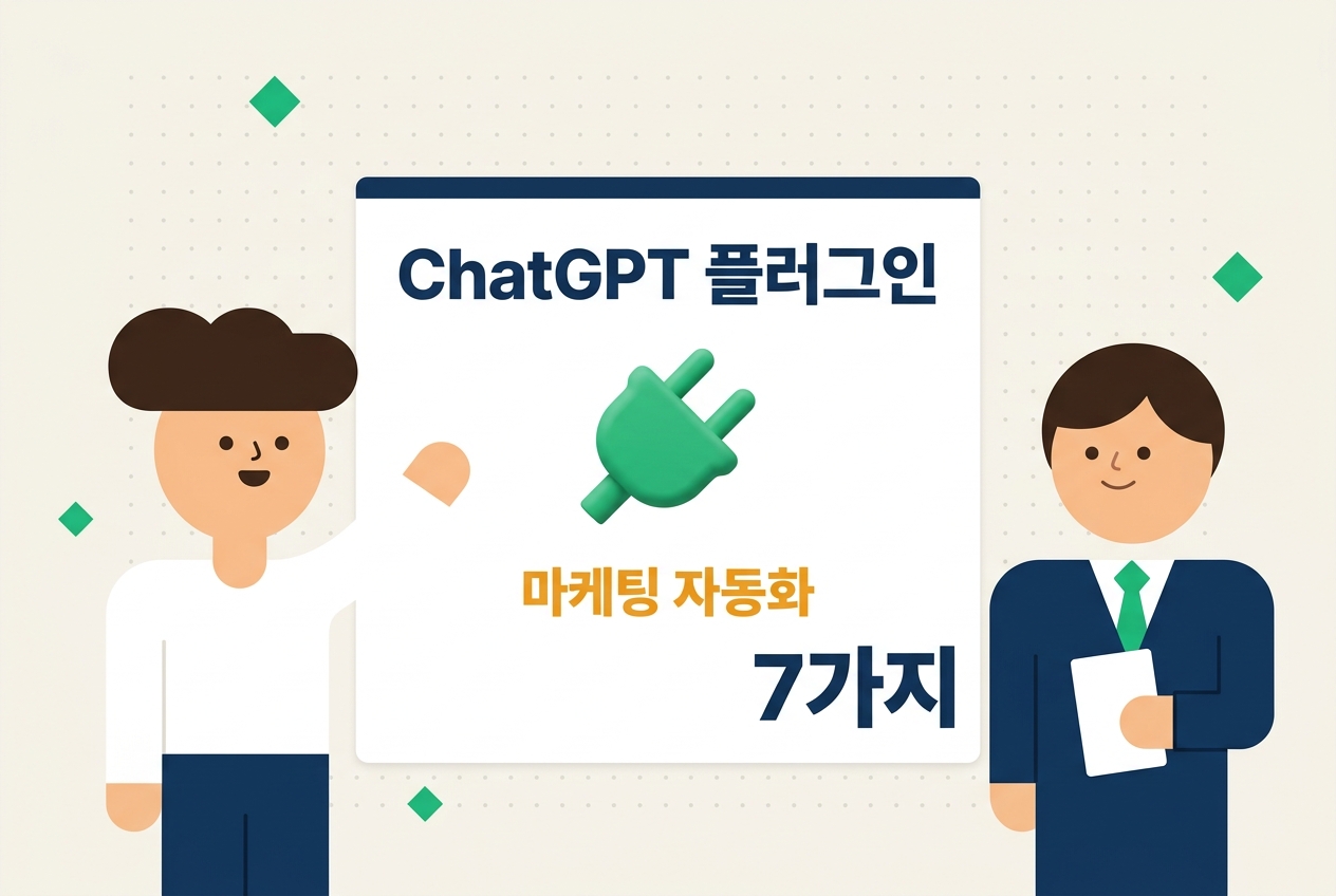 ChatGPT 플러그인 광고주 마케팅 자동화 대표 썸네일 플랫 일러스트. ChatGPT 플러그인 마케팅 자동화 7가지 중앙 카드와 양측 직장인 캐릭터 2인 크림 배경 — 원플랜마케팅