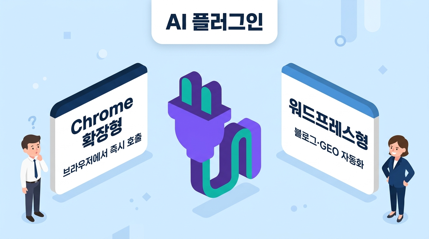 워드프레스 기반 블로그에서 콘텐츠 제작 효율을 높이고 랭스매스 등을 통해 GEO 최적화 구조를 자동으로 구현해 주는 AI 플러그인 안내 이미지입니다.