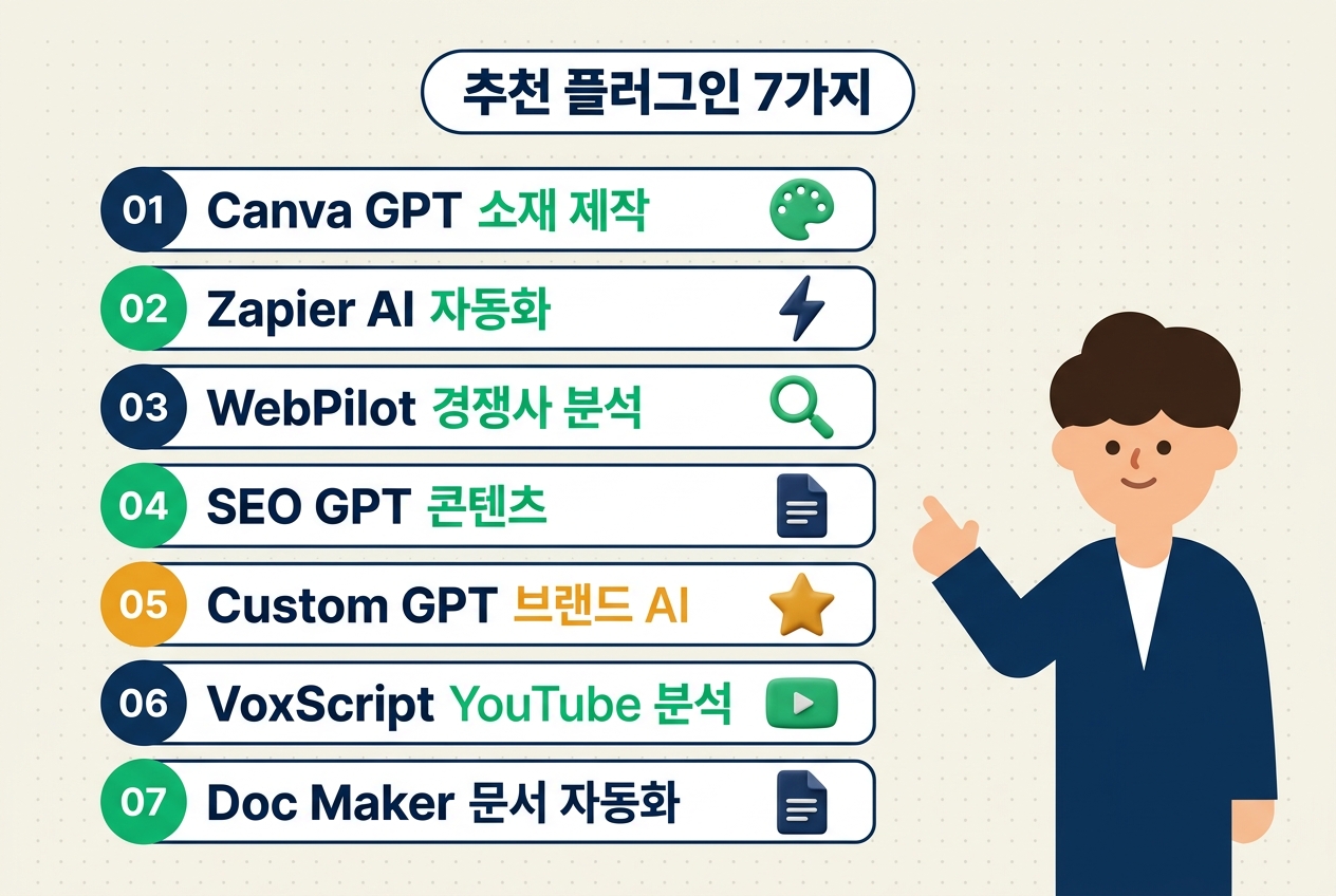 ChatGPT 플러그인 추천 7가지 플랫 인포그래픽. Canva·Zapier·WebPilot·SEO GPT·Custom GPT·VoxScript·Doc Maker 수직 카드 — 원플랜마케팅
