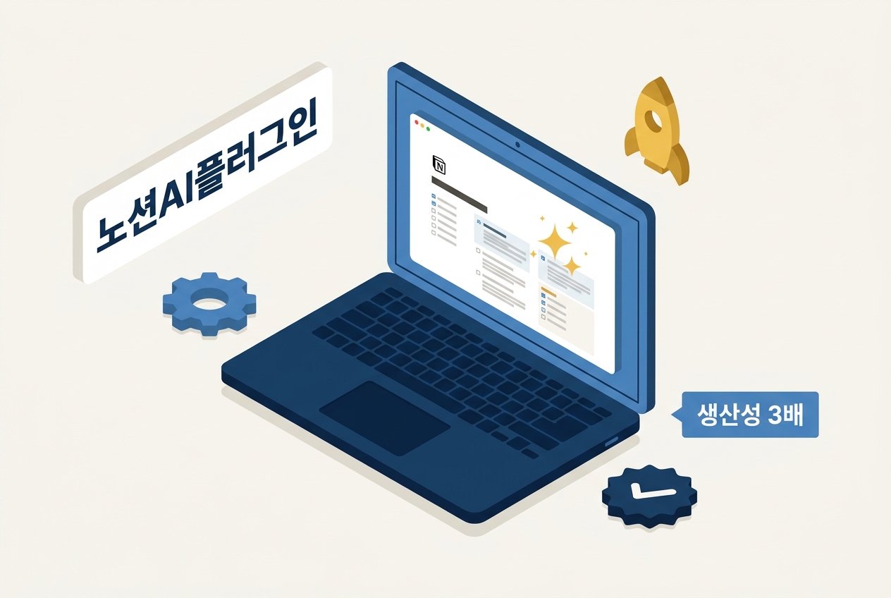 노션AI플러그인 썸네일 아이소메트릭 — Notion N 로고 노트북 화면에 AI 스파크 생산성 3배 로켓 기어 체크 아이콘 원플랜마케팅