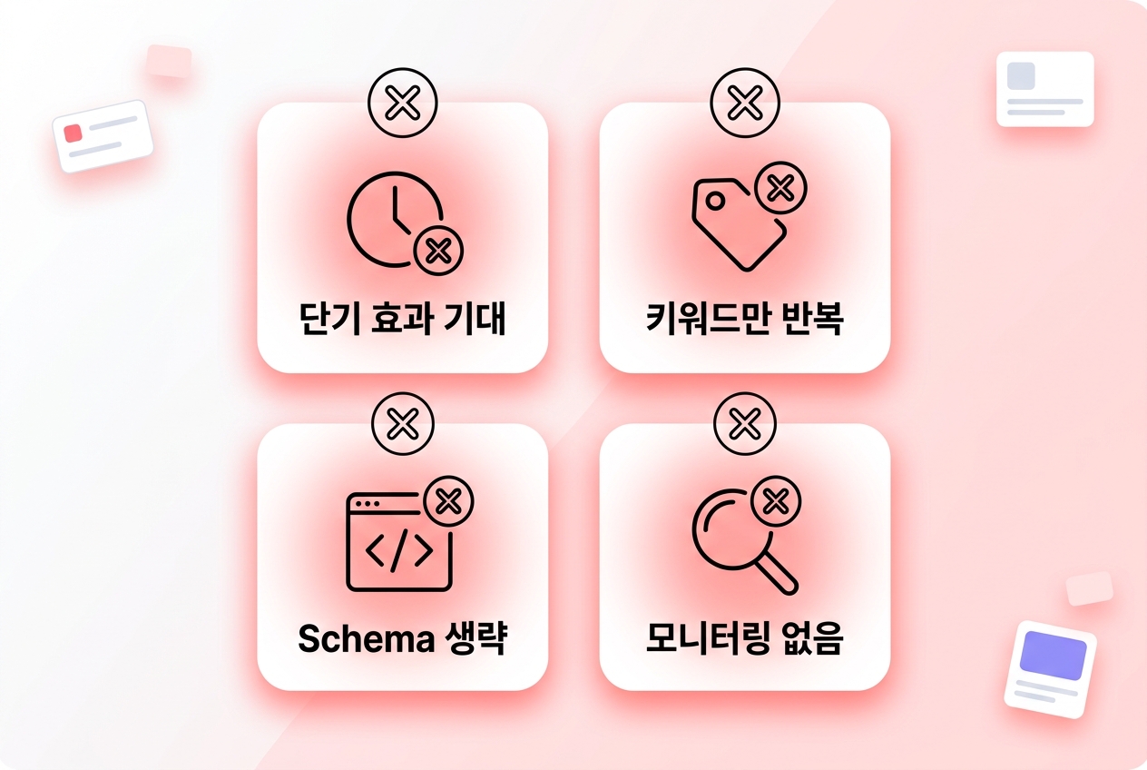 GEO 시작 초보 마케터 실수 4가지 단기 기대 키워드 반복 Schema 생략 인포그래픽 원플랜마케팅