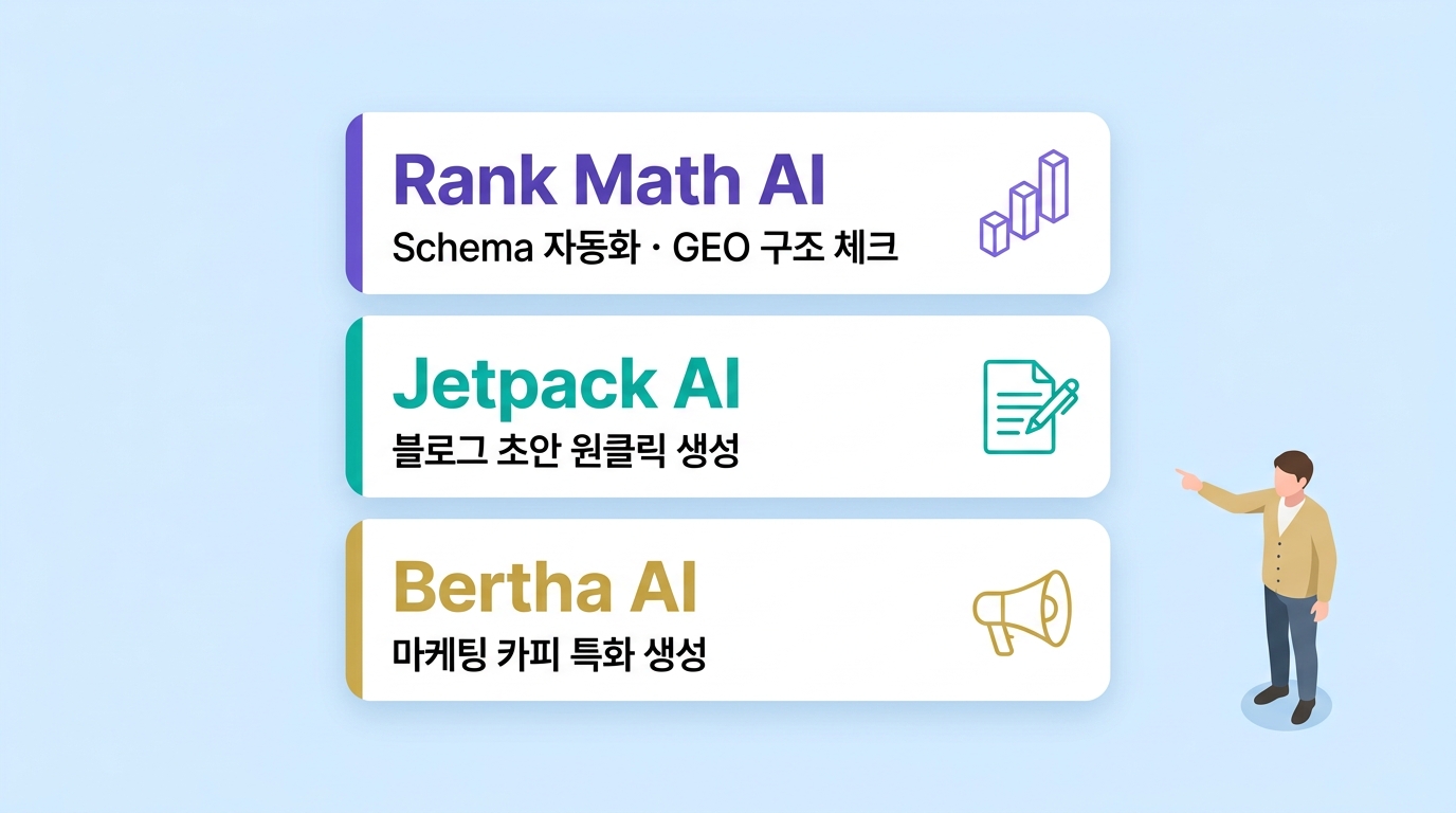 워드프레스 AI 플러그인 3가지 비교 인포그래픽. Rank Math AI Schema자동화, Jetpack AI 블로그초안, Bertha AI 마케팅카피 카드와 직장인 캐릭터 — 원플랜마케팅