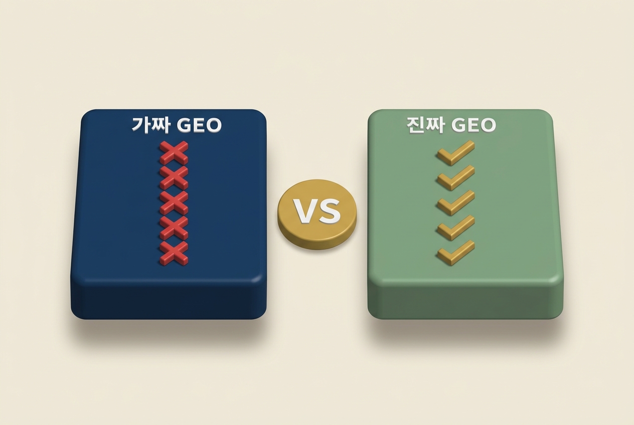 GEO 대행사 비교 가짜 GEO 네이비 엑스마크 VS 진짜 GEO 세이지그린 골드 체크마크 3D 플랫폼 비교 인포그래픽 원플랜마케팅